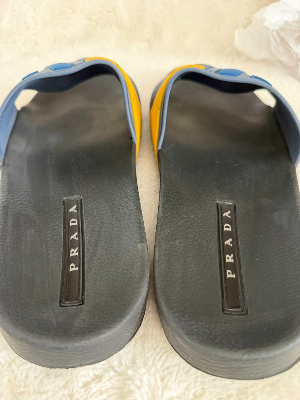 Prada Men's Blue & Yellow Rubber Logo Slides Sandals Size: 12 - Picture 8 of 14